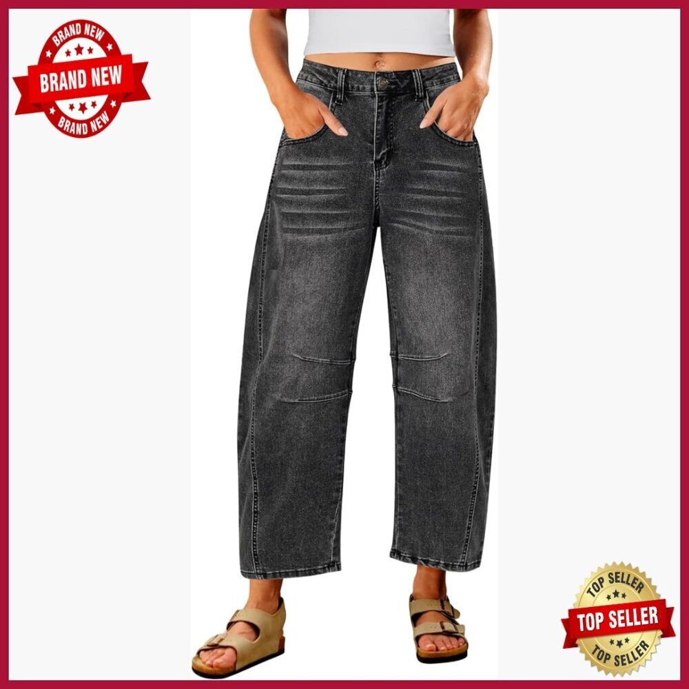 High Waisted Barrel Jeans Cropped Baggy Distressed Stretch Denim Pants